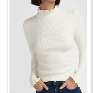 NEW EXPRESS Cream Ribbed Ruffle Mock Neck Sweater (Small)